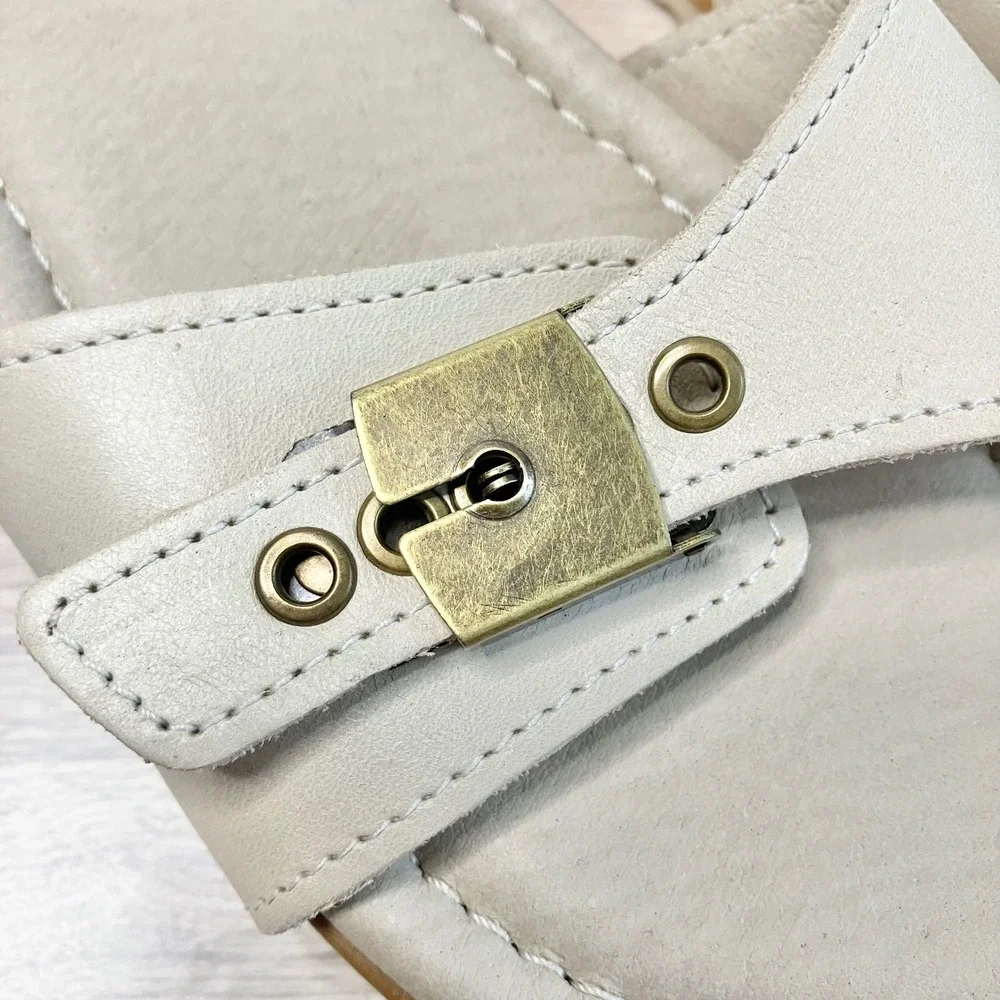 MUSSE & CLOUD Leather Sandal Slides Size 9 Platform Buckle Wedge Cream Spain